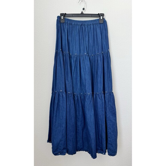 Cactus Flower Women's Blue Denim Maxi Skirt Tiered Rhinestones Pull On One Size - Picture 1 of 9